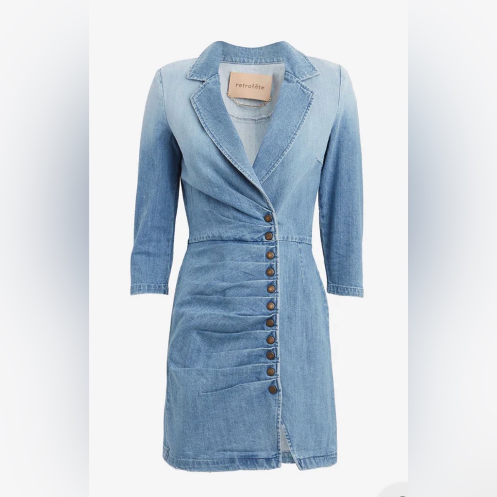 Retrofete Washed Light Blue Denim Button-Front Mini Dress
